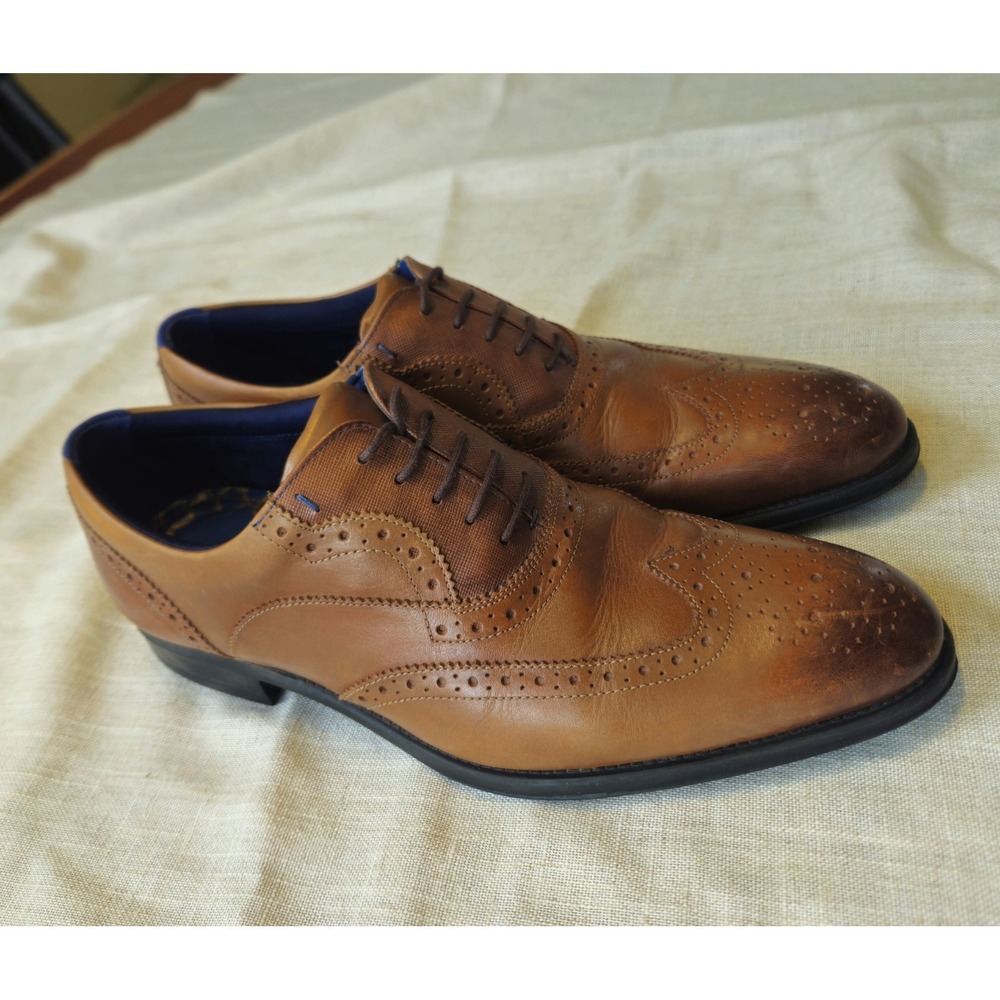 Ted Baker Mens Cognac Brown Leather Wingtip Brogue Oxford Shoes Size US 10 Luxe‎